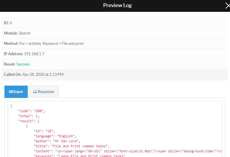 Preview API Log